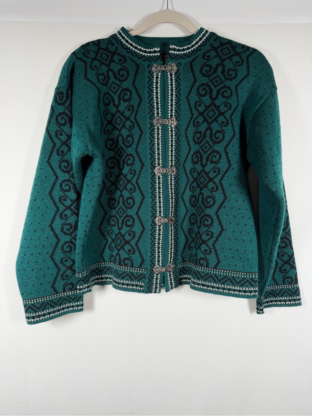 Norsk Wear Norwegian Wool Women’s Teal Patterned Nordic Cardigan Jacket